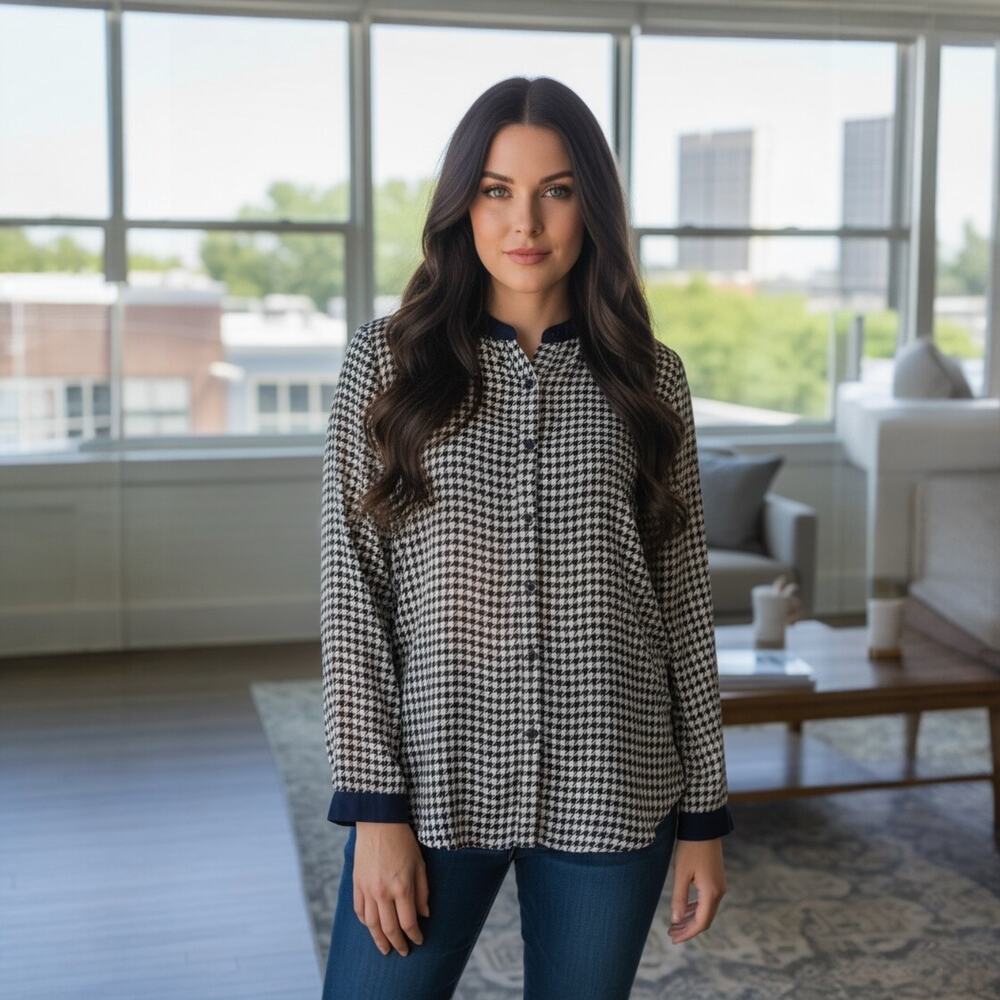 Olive + Oak Houndstooth Blouse Sheer Long Sleeve Sheer Top Womens Medium